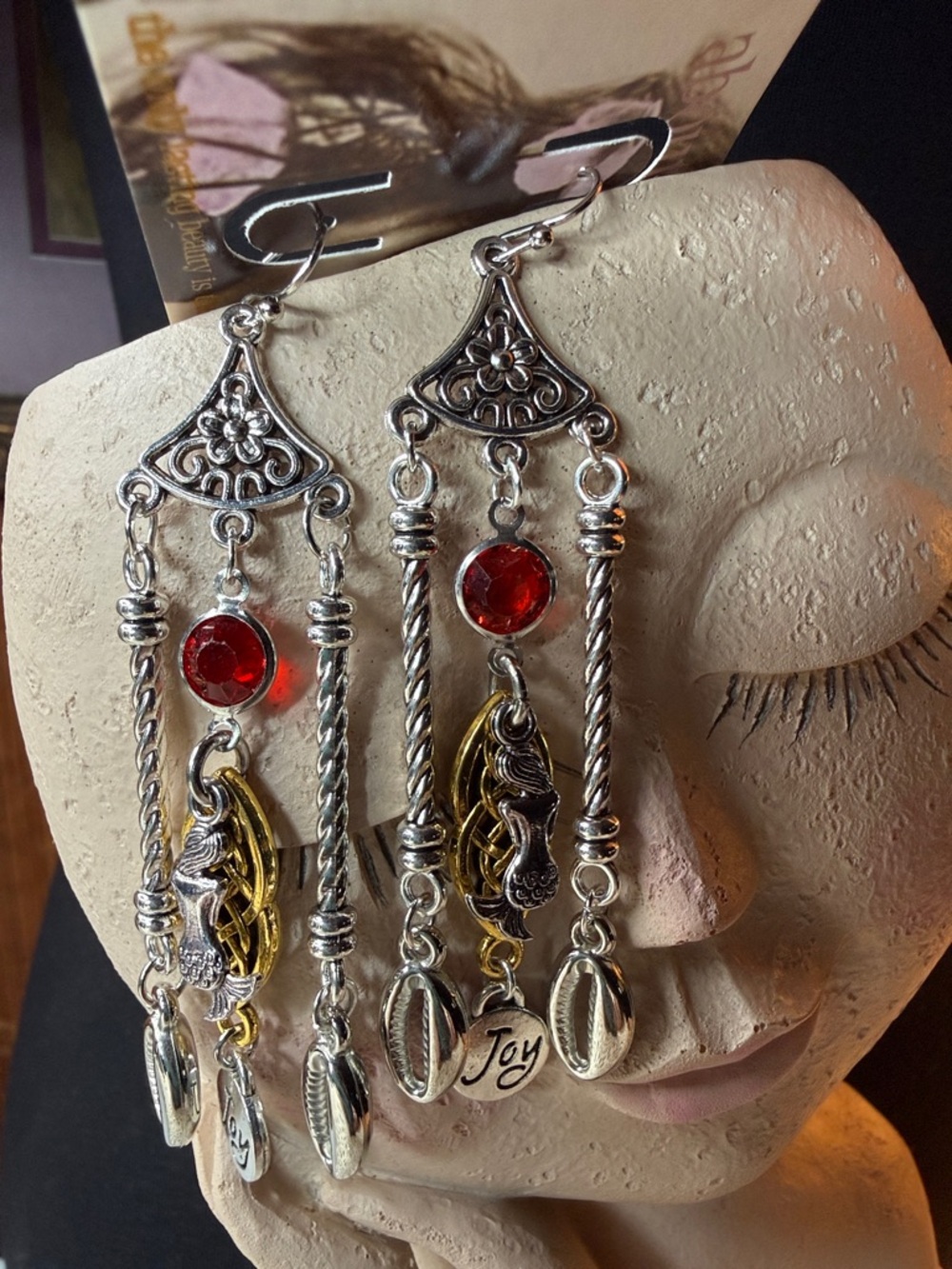 Silver-Tone Red Crystal Boho Dangle Earrings with 'Joy' Charms